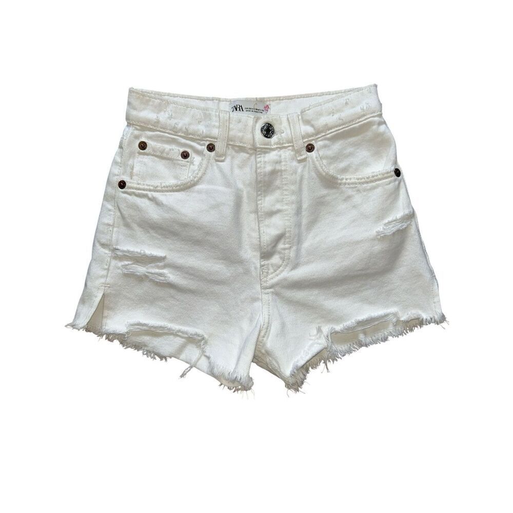 ZARA White Distressed High-Rise Denim Shorts